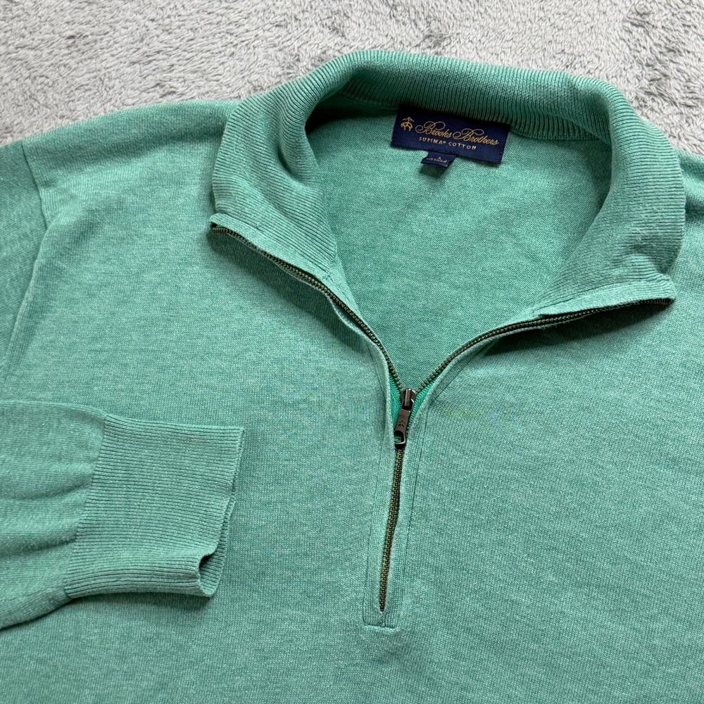 Brooks Brothers Mens Supima Cotton Quarter Zip Sweater Green Heather Large